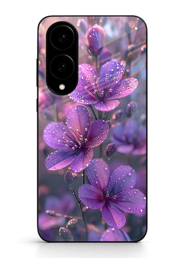 Purple dew petal artwork on Samsung S25 Edge glass back cover with soft glowing tones.
