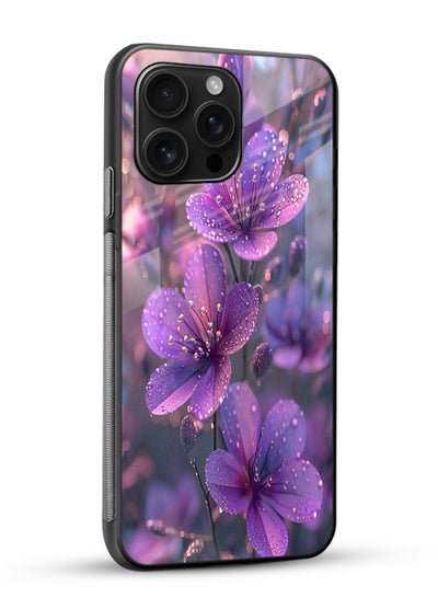 Purple dew petal artwork on glossy vibrant premium glass back cover with soft glowing tones. - Angle Side