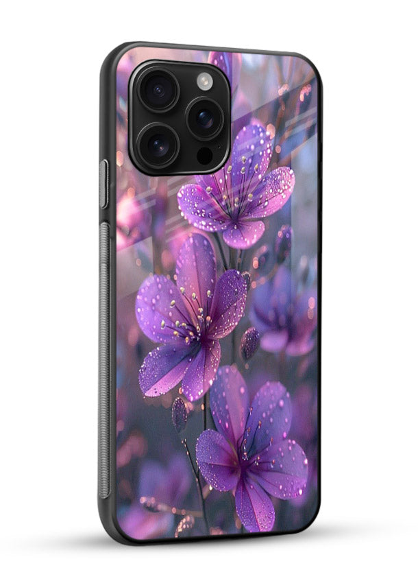 Purple dew petal artwork on glossy vibrant premium glass back cover with soft glowing tones. - Angle Side