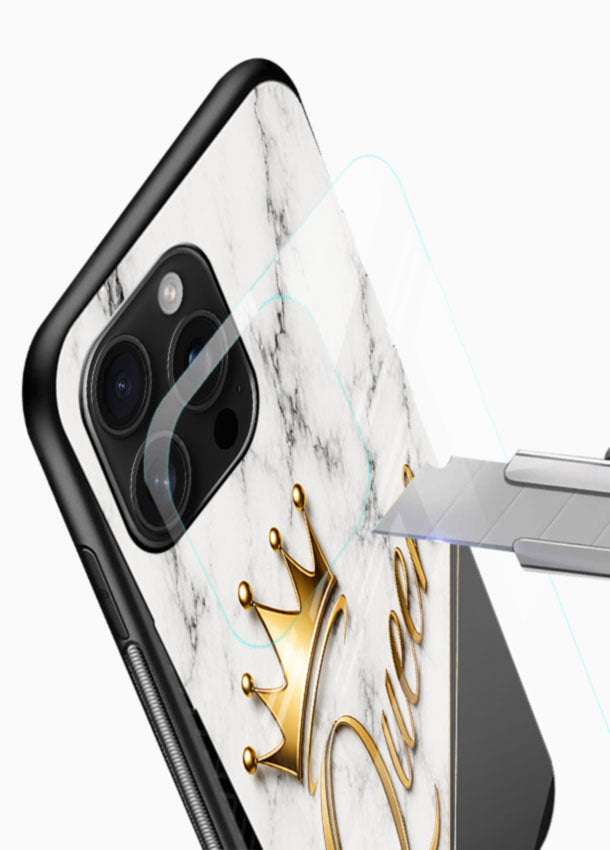 Queen Gold Marble glass back cover with marble texture and gold typography design - 4
