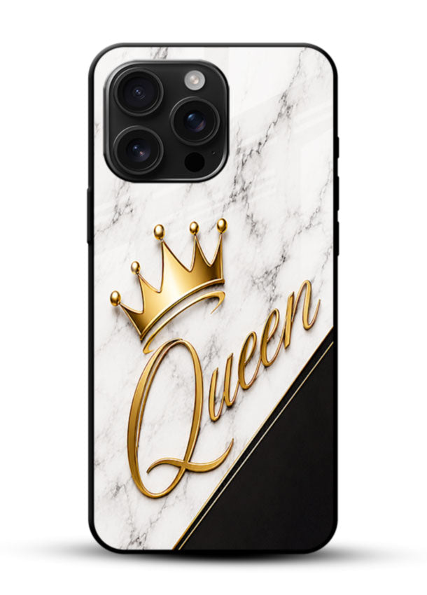 Queen Gold Marble glass back cover with marble texture and gold typography design - 1