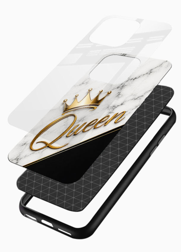 Queen Gold Marble glass back cover with marble texture and gold typography design - 3