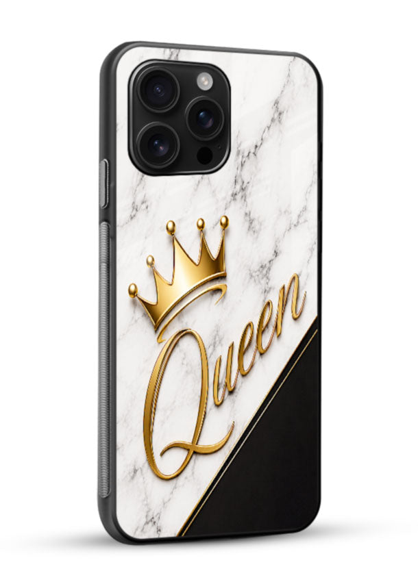 Queen Gold Marble glass back cover with marble texture and gold typography design - 2