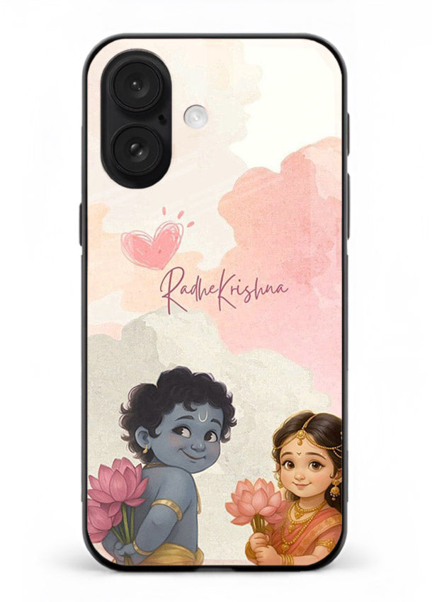 Cute Radha Krishna art iphone 17 glass romantic devotional couple case