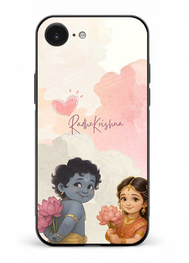 Cute Radha Krishna art iphone 16e glass romantic devotional couple case
