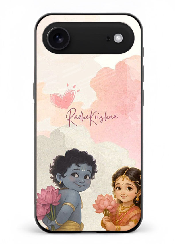 Cute Radha Krishna art iphone 17 air glass romantic devotional couple case