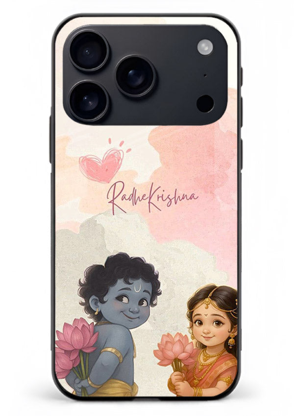 Cute Radha Krishna art iphone 17 pro max glass romantic devotional couple case