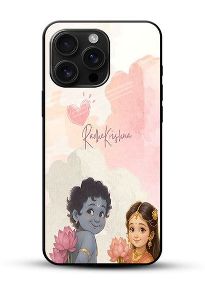 Cute Radha Krishna art glossy vibrant premium glass romantic devotional couple case - Angle Front