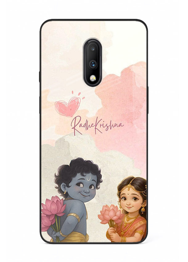 Cute Radha Krishna art OnePlus 7 glass romantic devotional couple case