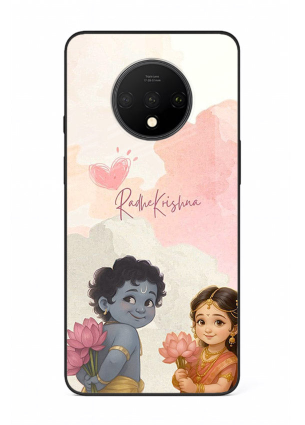 Cute Radha Krishna art OnePlus 7T glass romantic devotional couple case