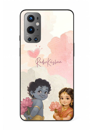 Cute Radha Krishna art OnePlus 9 glass romantic devotional couple case