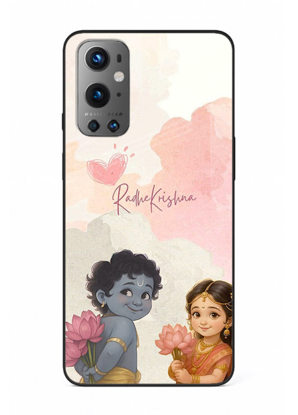 Cute Radha Krishna art OnePlus 9 glass romantic devotional couple case