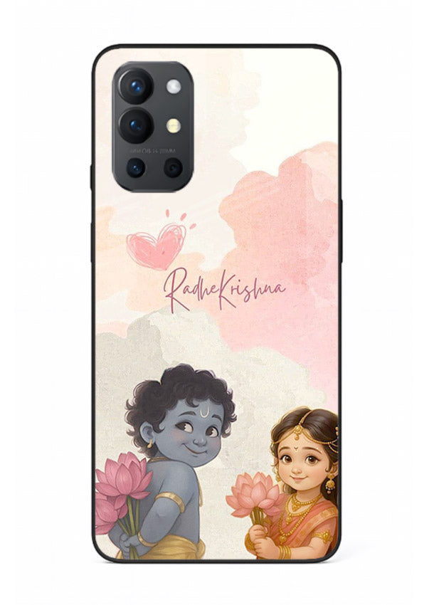 Cute Radha Krishna art OnePlus 9R glass romantic devotional couple case