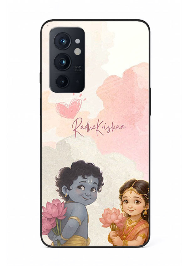 Cute Radha Krishna art OnePlus 9RT glass romantic devotional couple case