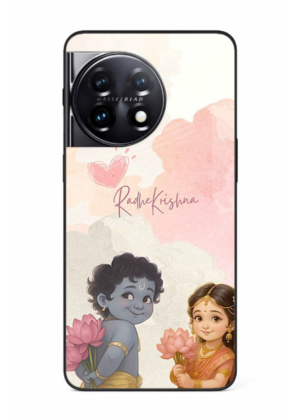 Cute Radha Krishna art OnePlus 11 glass romantic devotional couple case