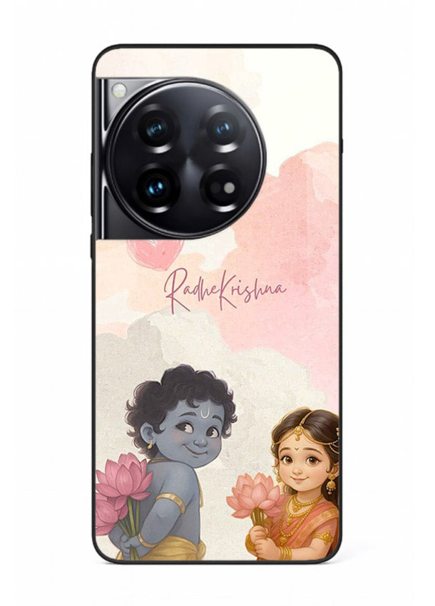 Cute Radha Krishna art OnePlus 12 glass romantic devotional couple case