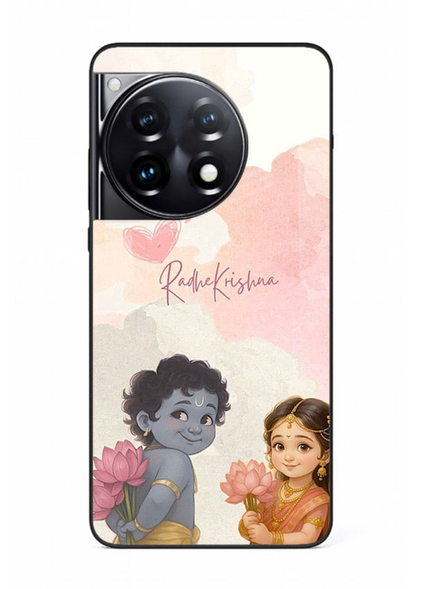 Cute Radha Krishna art OnePlus 12R glass romantic devotional couple case