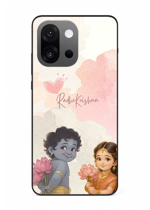 Cute Radha Krishna art OnePlus 13s glass romantic devotional couple case