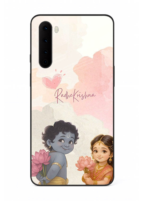 Cute Radha Krishna art OnePlus Nord glass romantic devotional couple case