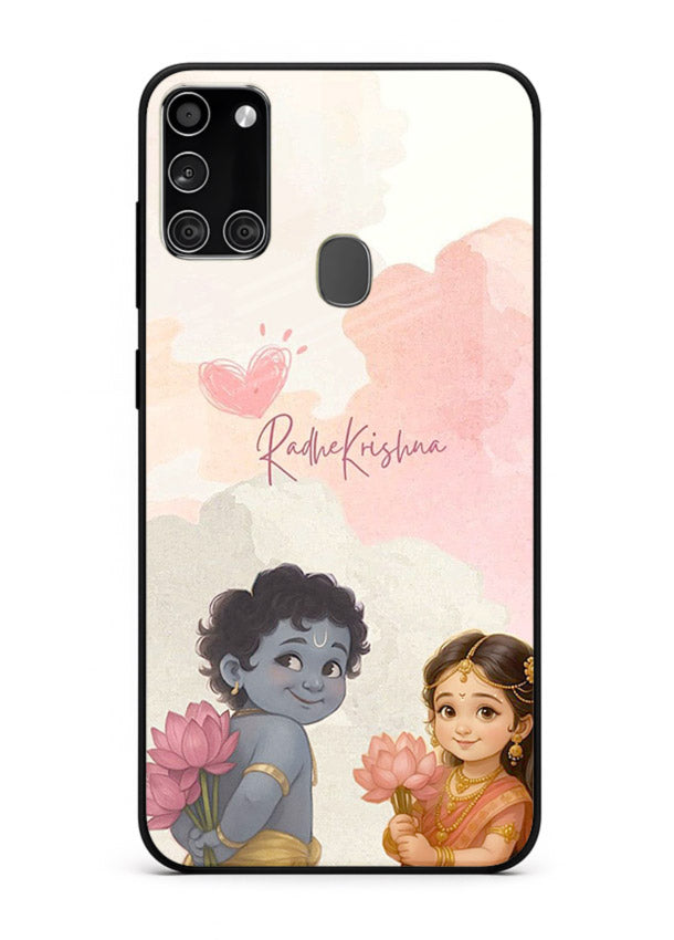 Cute Radha Krishna art Samsung A21s glass romantic devotional couple case