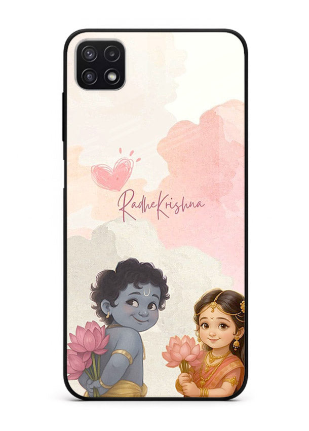 Cute Radha Krishna art Samsung F42 5G glass romantic devotional couple case