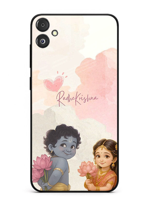 Cute Radha Krishna art Samsung F05 5G glass romantic devotional couple case