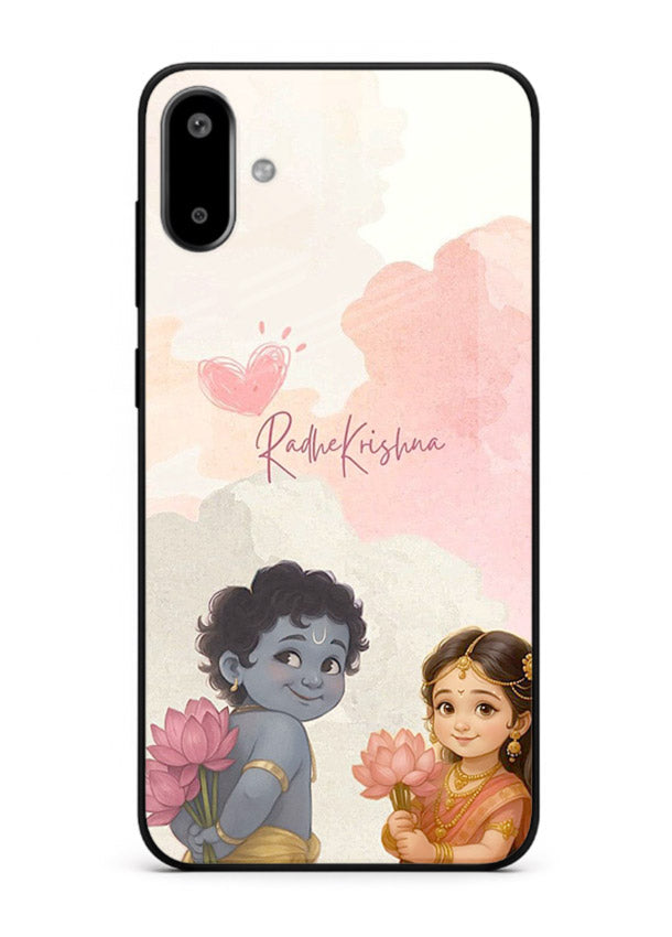 Cute Radha Krishna art Samsung F06 5G glass romantic devotional couple case