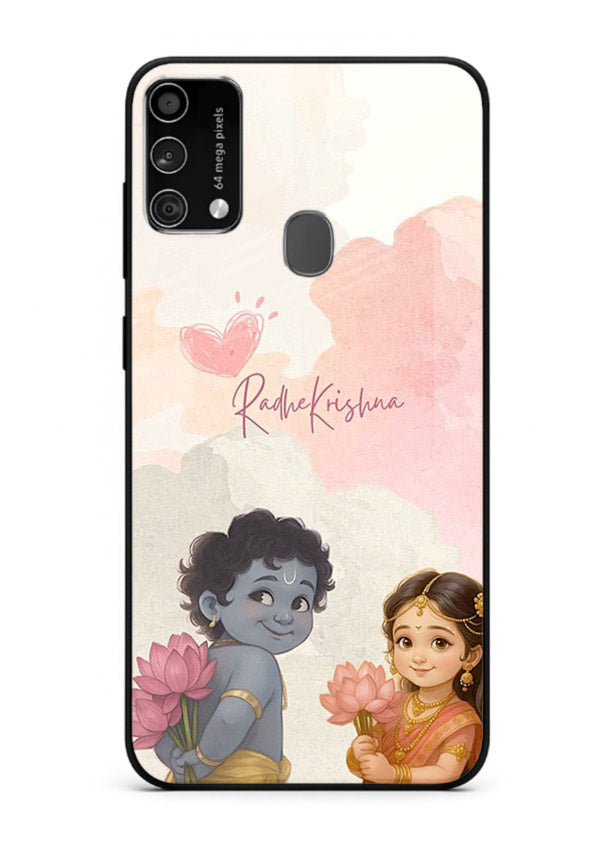 Cute Radha Krishna art Samsung F41 glass romantic devotional couple case