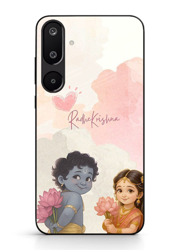 Cute Radha Krishna art Samsung M16 5G glass romantic devotional couple case