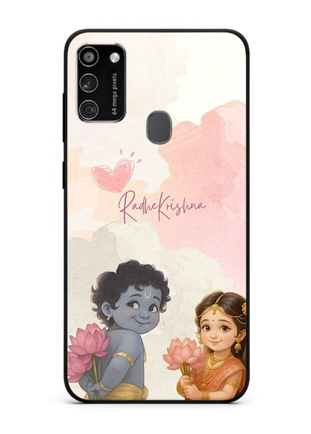 Cute Radha Krishna art Samsung M30s glass romantic devotional couple case