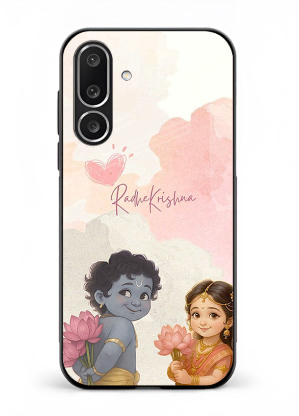 Cute Radha Krishna art Samsung M36 5G glass romantic devotional couple case