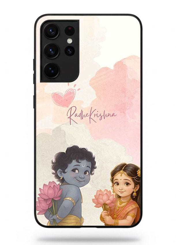 Cute Radha Krishna art Samsung S21 Ultra glass romantic devotional couple case