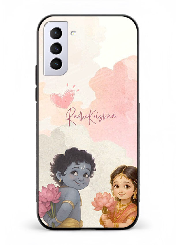 Cute Radha Krishna art Samsung S21 Plus glass romantic devotional couple case
