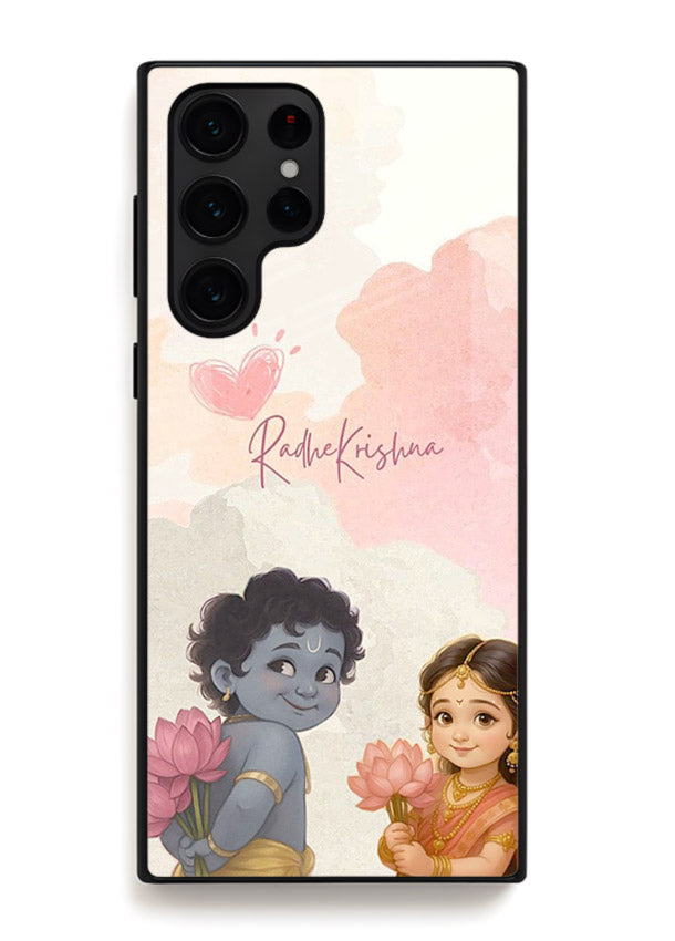 Cute Radha Krishna art Samsung S25 Ultra glass romantic devotional couple case
