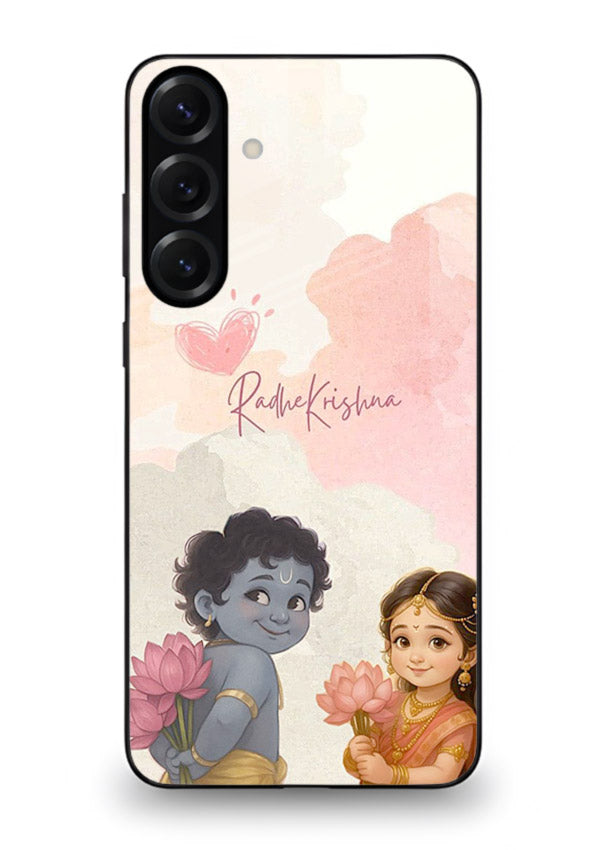 Cute Radha Krishna art Samsung S24 FE glass romantic devotional couple case