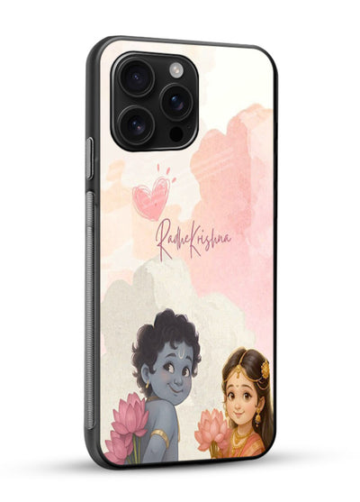 Cute Radha Krishna art glossy vibrant premium glass romantic devotional couple case - Angle Side