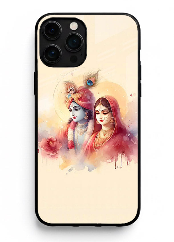 Radha Krishna watercolor pastel art iphone 14 pro max glass elegant devotional case