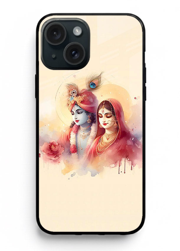 Radha Krishna watercolor pastel art iphone 14 glass elegant devotional case