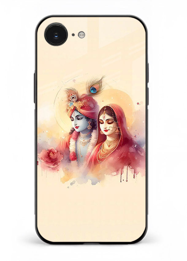 Radha Krishna watercolor pastel art iphone 16e glass elegant devotional case