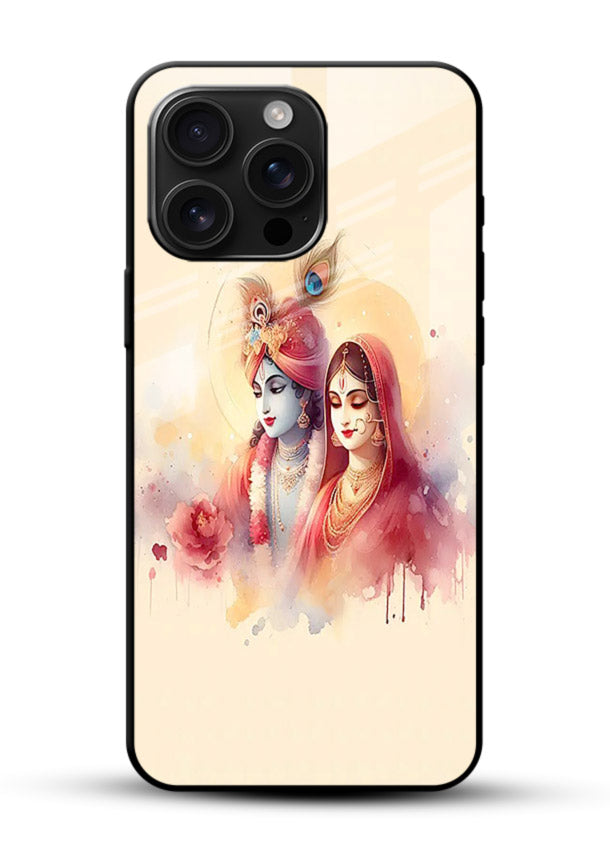 Radha Krishna watercolor pastel art glossy vibrant premium glass elegant devotional case - Angle Front