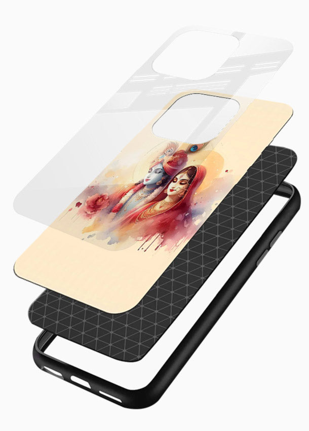 Radha Krishna watercolor pastel art glossy vibrant premium glass elegant devotional case - Angle Layers