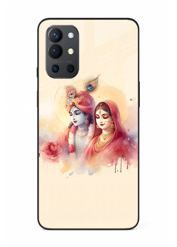 Radha Krishna watercolor pastel art OnePlus 9R glass elegant devotional case