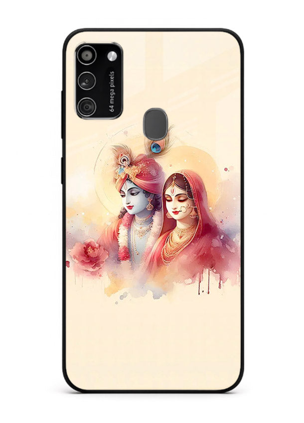 Radha Krishna watercolor pastel art Samsung M30s glass elegant devotional case