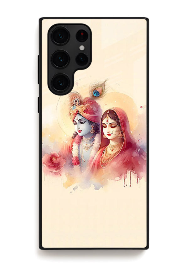 Radha Krishna watercolor pastel art Samsung S25 Ultra glass elegant devotional case
