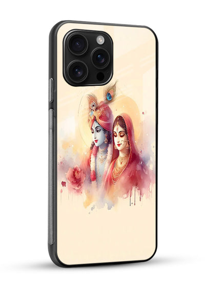 Radha Krishna watercolor pastel art glossy vibrant premium glass elegant devotional case - Angle Side