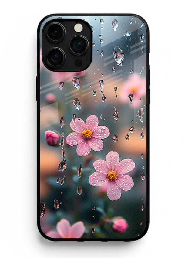 Raindrop cherry blossom artwork on iphone 16 pro max glass back cover with soft pastel tones.