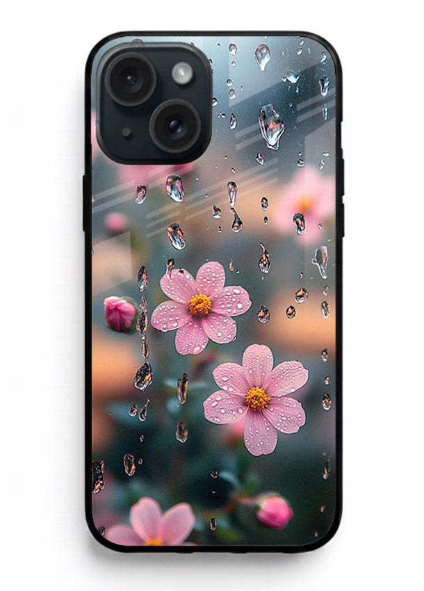 Raindrop cherry blossom artwork on iphone 14 plus glass back cover with soft pastel tones.