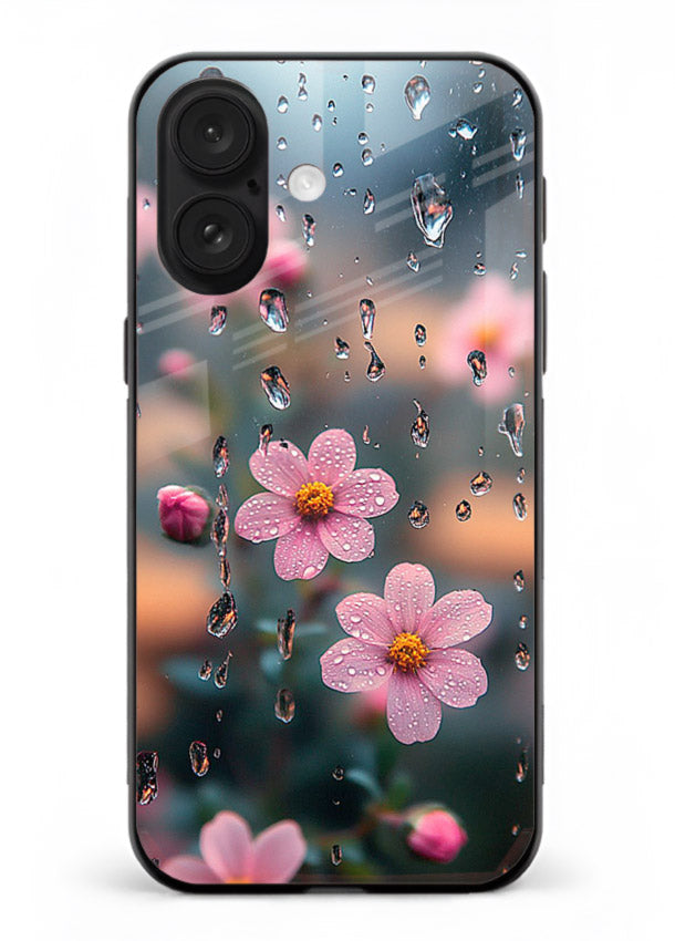 Raindrop cherry blossom artwork on iphone 16 plus glass back cover with soft pastel tones.