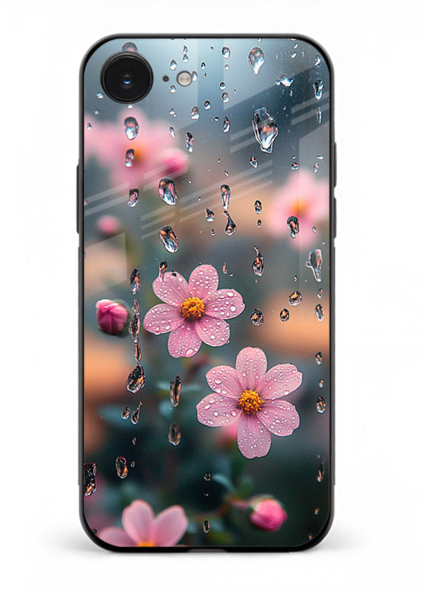 Raindrop cherry blossom artwork on iphone 16e glass back cover with soft pastel tones.