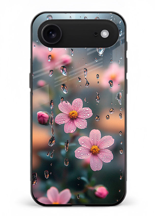 Raindrop cherry blossom artwork on iphone 17 air glass back cover with soft pastel tones.